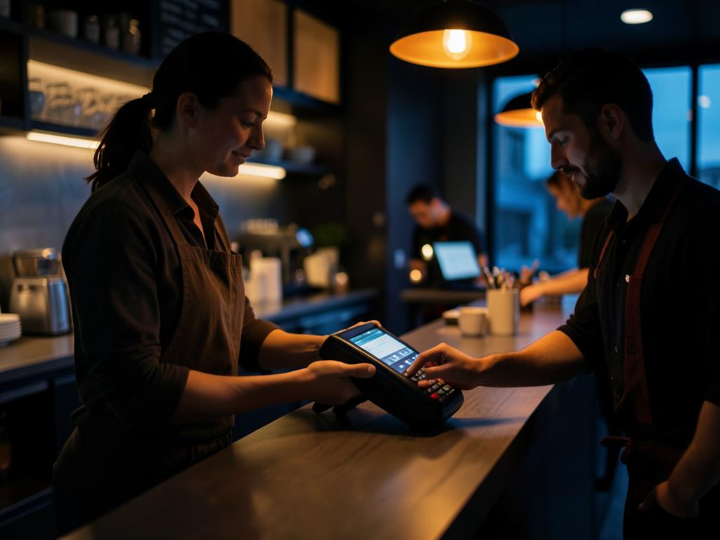 Café staff handing a payment terminal to a customer at the counter
