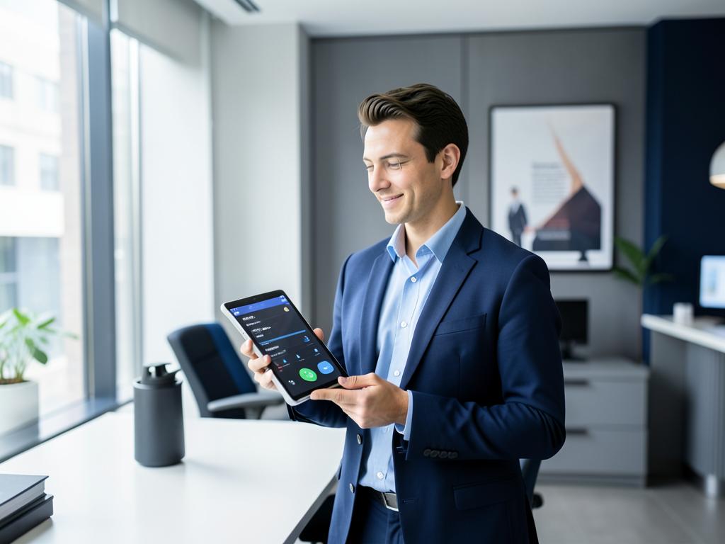 Consultant taking a payment on a tablet in a modern office